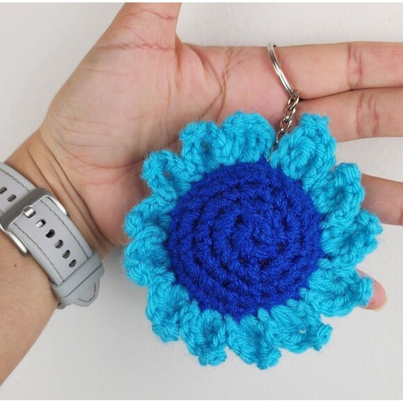 New Crochet Blue Light Blue Flower Keychain Handmade Handcrafted - Picture 2 of 5